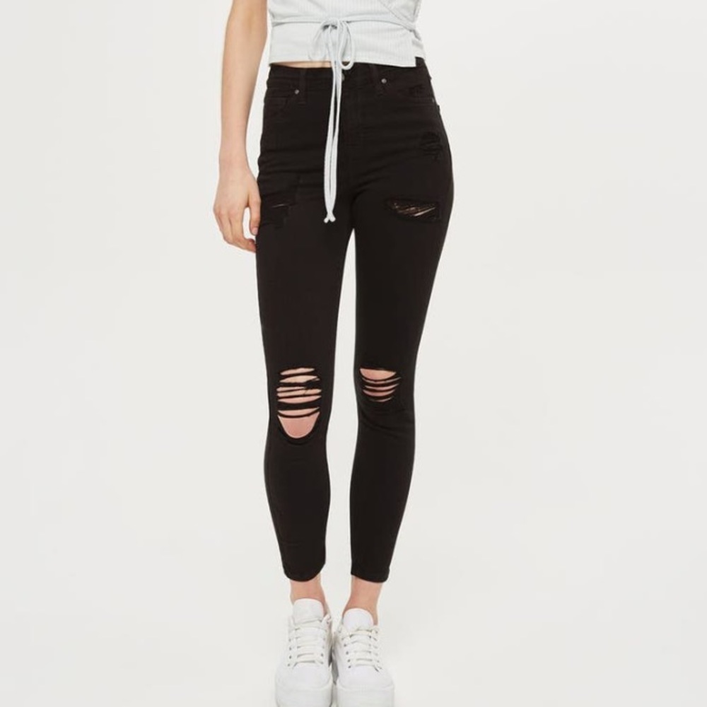 EUC Topshop Moto Jamie Ripped High Waist Ankle Skinny Jeans, Black, 26W x 30L